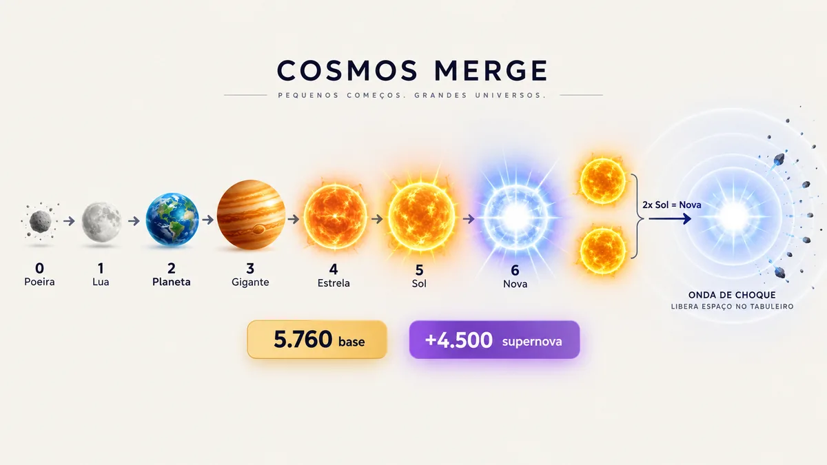 Diagrama da cadeia 0 a 6 em Cosmos Merge mostrando dois corpos Sol formando a Nova e a onda de supernova liberando espaço