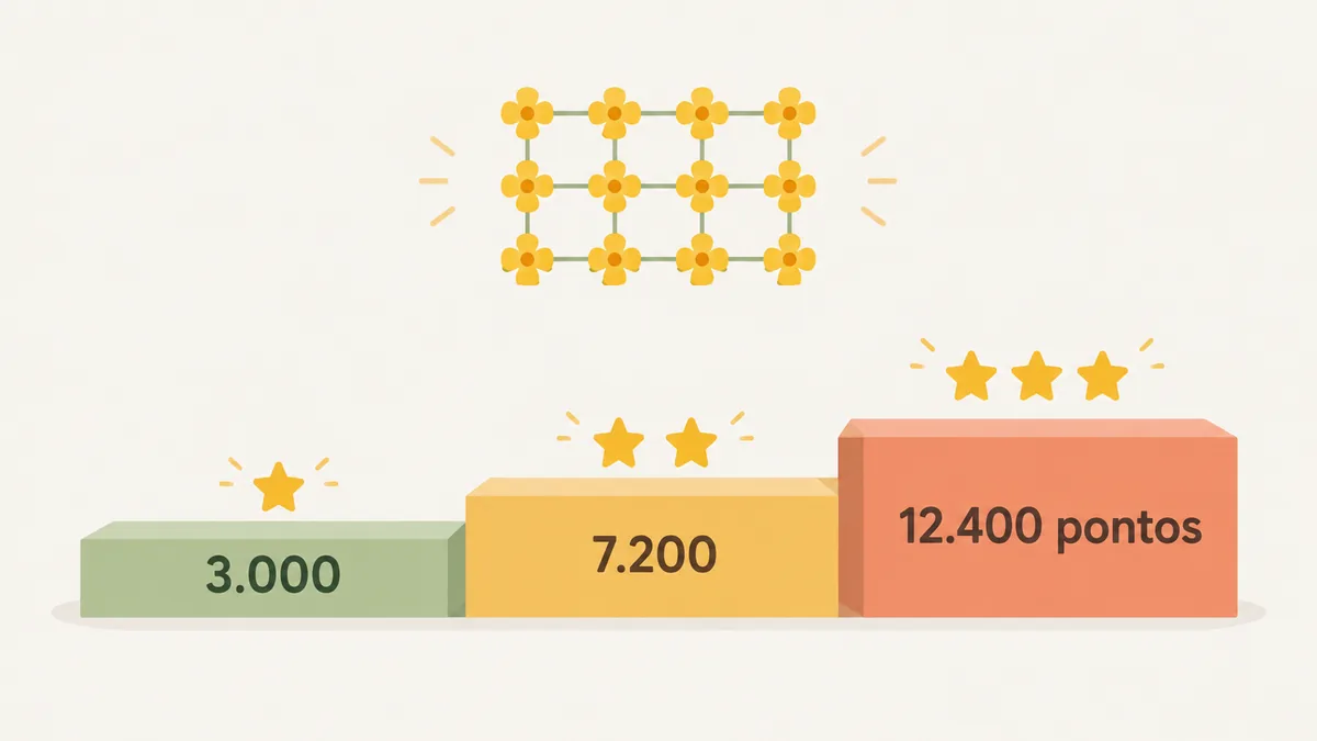 Escada de estrelas em Mecabloom: 3.000, 7.200 e 12.400 pontos para 12 flores conectadas