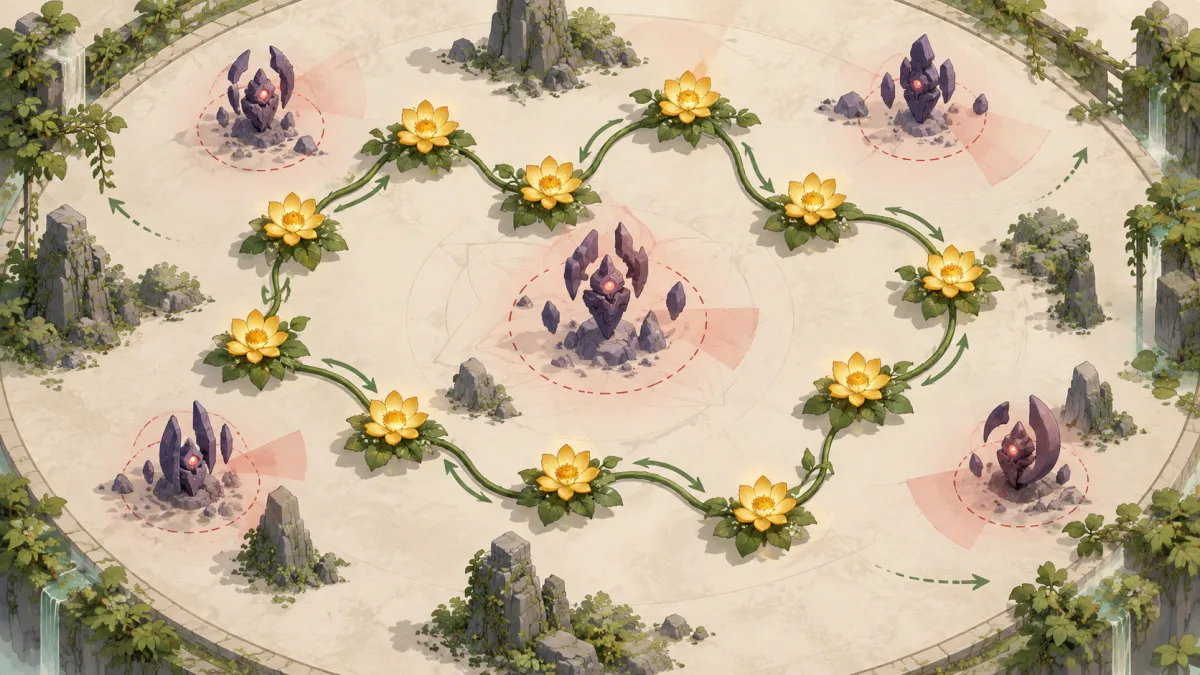 Diagrama da missão de 12 flores conectadas em Mecabloom com a rota adaptada aos guardiões