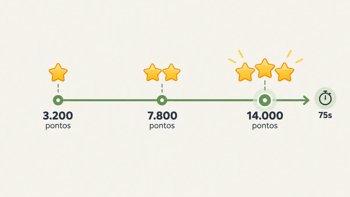 Barra de progressão de estrelas em Mundo Móvel com marcos de 3.200, 7.800 e 14.000 pontos em 75 segundos