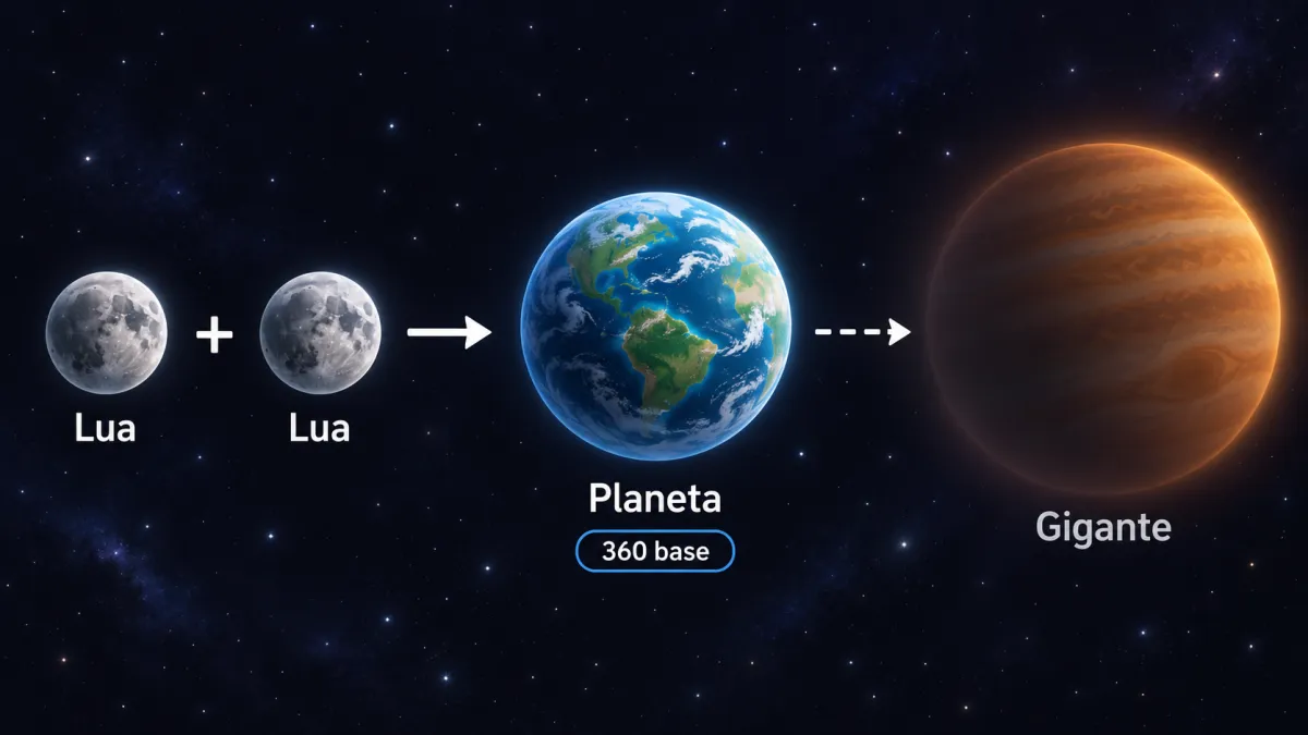 Diagrama da fusão de dois corpos Lua formando Planeta no Cosmos Merge