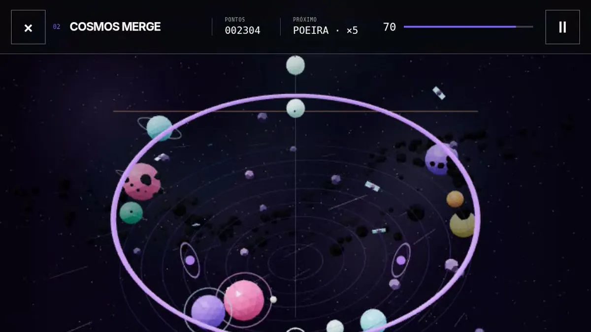 Duas peças Poeira se aproximando para formar uma Lua em Cosmos Merge