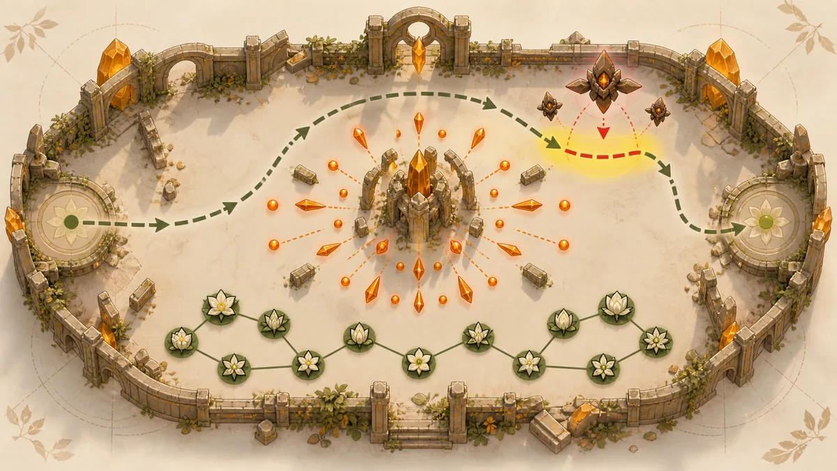 Diagrama da rota em arco em Ruínas Âmbar com janela de dash e rede de flores