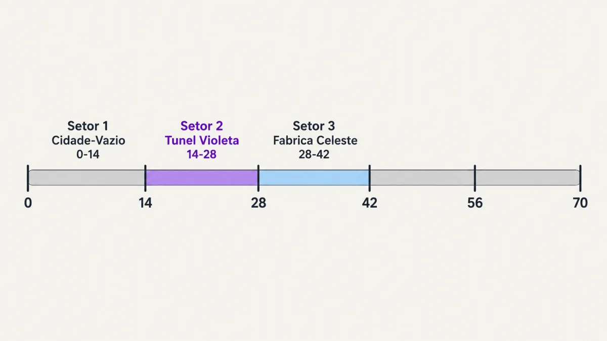 Linha do tempo de 70 segundos destacando o Tunel Violeta entre 14 e 28 segundos